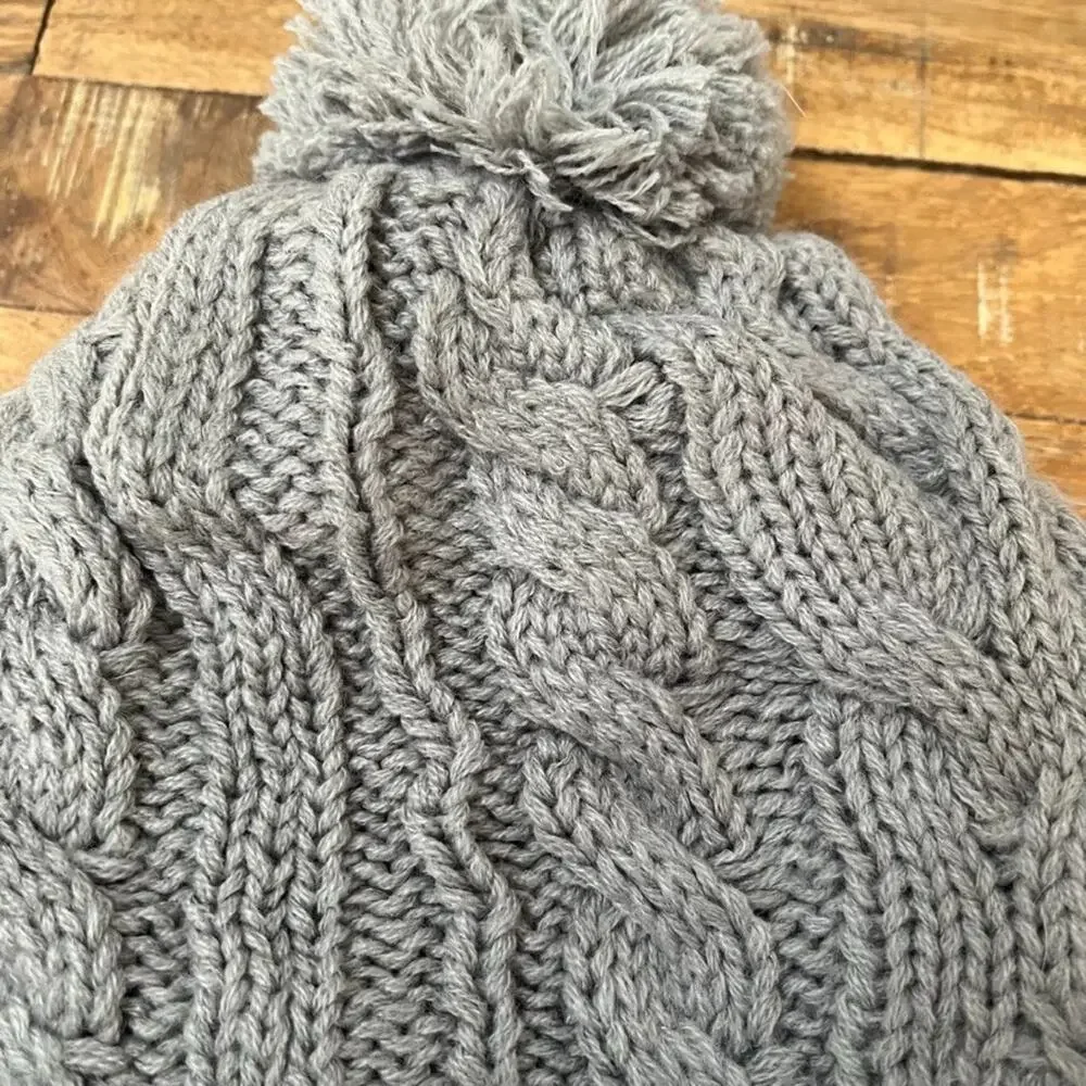 Gray Women's Trapper-Style Hat Braided Cable Knit Genuine Fur Trim